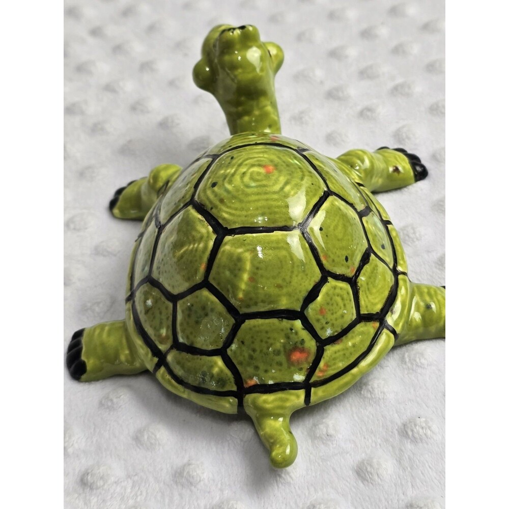 Vintage Green Ceramic Turtle Collectible Figurine 5” Gloss Glaze Handmade Bisque